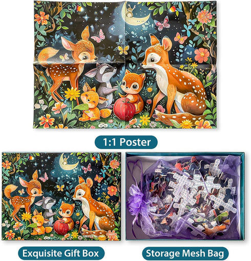 Puzzles for Kids Ages 4-8 - Cute Deer Party in Forest Night - 100 Piece Jigsaw Puzzles for Educational Learning