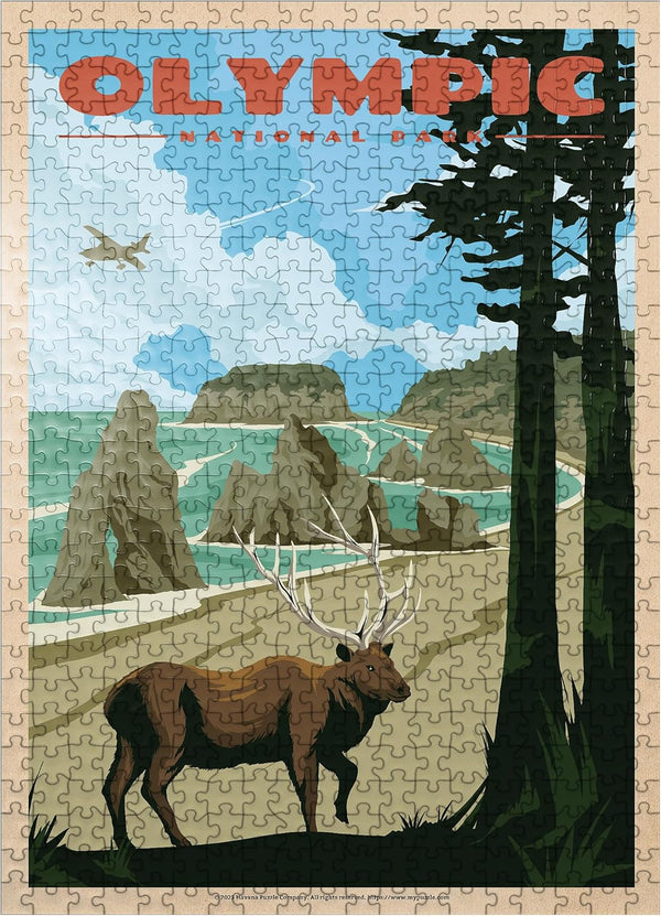 MyPuzzle Olympic National Park - Wapiti at Ruby Beach Vintage Travel Poster, Premium 500 Piece Puzzle