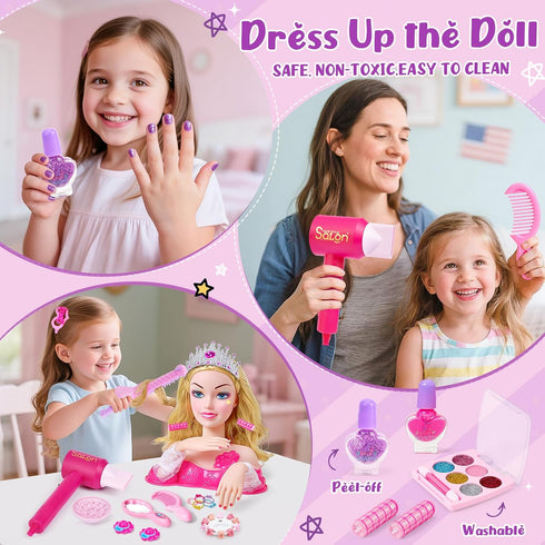 Cleboen Playset 3 4 5 6 7 8+ Hair Styling Doll Head Makeup Kit for Girls Toys - Kids Hair Salon Pretend with Hairdryer