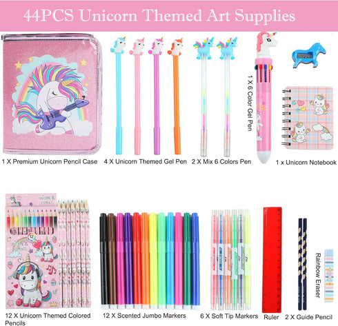 Leeche Set 44 4-6-8, Fruit Scented Markers Pcs Filled Stationery with Unicorn Pencil Case,Art Supplies for Kids Ages
