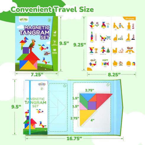 BenBen Travel Tangram Puzzle with Magnetic Wooden Shapes, Extra Large Dual-Sided Magnet Surface, Color Pattern IQ Book