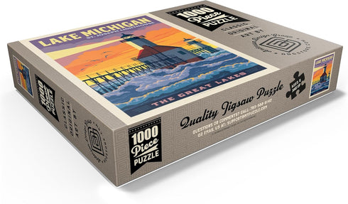 MyPuzzle Great Lakes: Lake Michigan, Vintage Poster - Premium 1000 Piece Jigsaw Puzzle for Adults