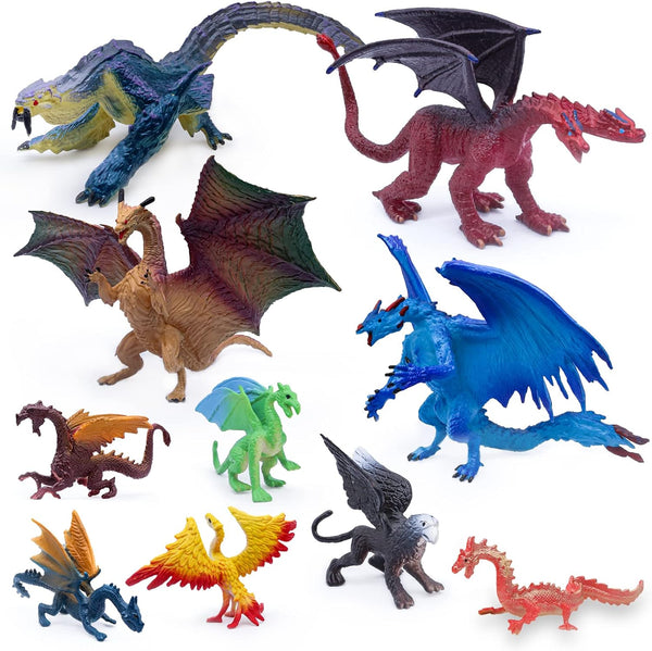 SIENON 5" & 3" Dragon Toy Figures, 10 Pack Assorted Mythical Figurines for Cake Toppers and Party Favors
