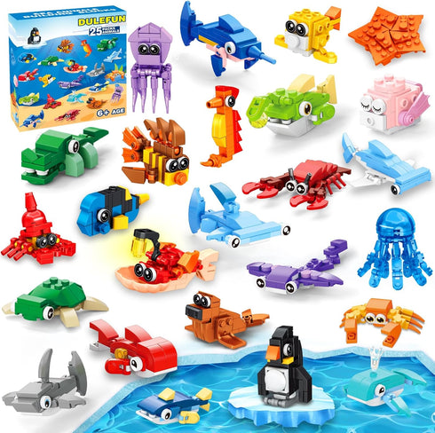 DULEFUN 25pcs Building Blocks Bricks Party Favors Toys for Kids Marine Animals Block