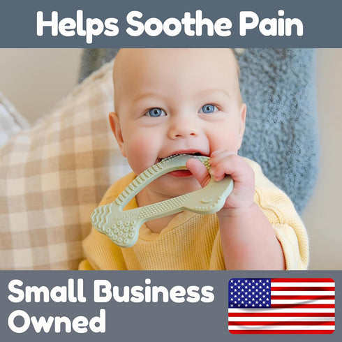 8 3M+, Dolphin Silicone Teether Toy with Texture Zones, Easy Grip for Little Hands, Ages Babys Aid (Olive)