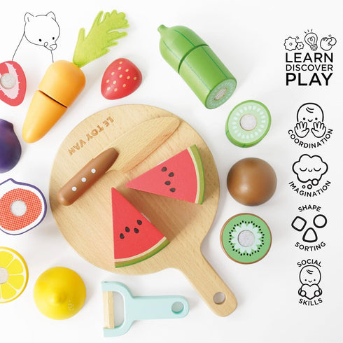 Le Toy Van Wooden Chopping Board and Super Food Set for Pretend Play - Suitable for Boys & Girls 24+ Months