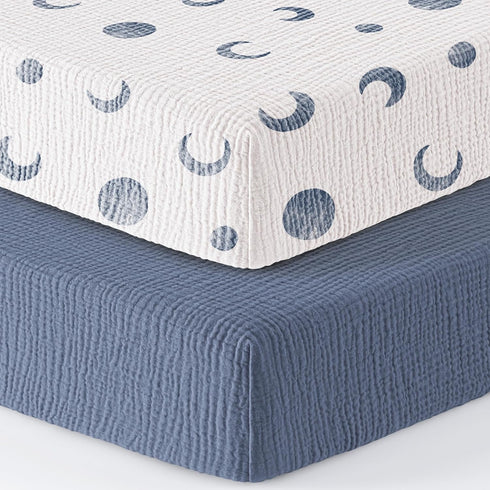 100% 52"x28" 2 Pack Bearmoss Muslin Crib Sheets Cotton Baby Crib Sheets Soft&Breathable Nursery Sheet for Standard Crib