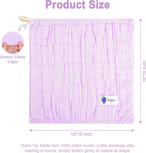 6 Pack 100% 10x10 Inches Muslin Baby Washcloths Cotton Ultra Soft and Absorbent Gentle for Newborn Skin Stretchable
