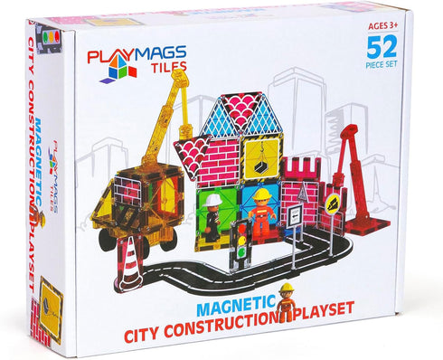 Playmags City Construction Magnetic Tiles Set, Building Blocks with Crane & Road