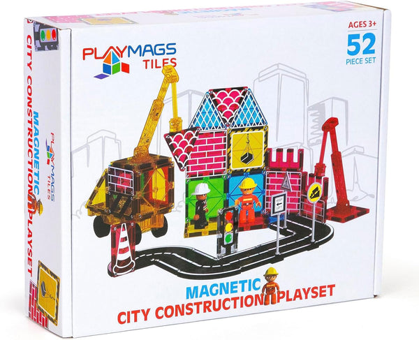 Playmags City Construction Magnetic Tiles Set, Building Blocks with Crane & Road