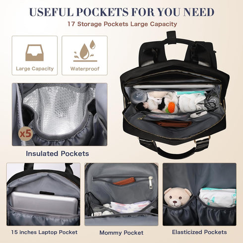 Backpack Pad,17 Diaper Bag Travel Baby Bag with Changing Pockets,Insulated Pockets,USB Charging Port,Baby Shower