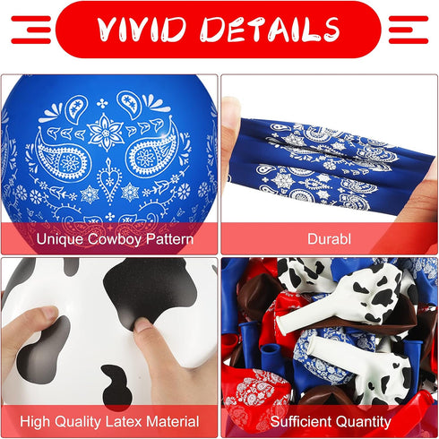 60 Pieces Blue Red Western Cowboy Bandana Balloons 12 Inch Latex Balloons Arch Garland for Baby Shower Birthday Party