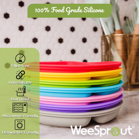 WeeSprout Silicone Divided Plates (No Lids), 100% Food Grade Silicone for Toddlers & Kids, Dishwasher Safe