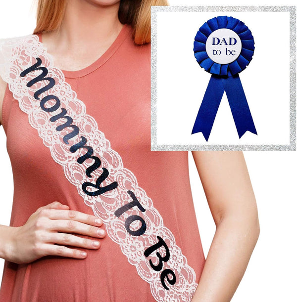 Mommy To Be White Lace Sash and Dad To Be Pin Pack - Baby Shower Decorations for Welcome Baby, Baby Sprinkle
