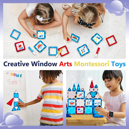 58 Set 3-12 Magnetic Tiles - Pcs Space Magnets Building Blocks - Sensory Travel Toys for Toddler - STEM Construction