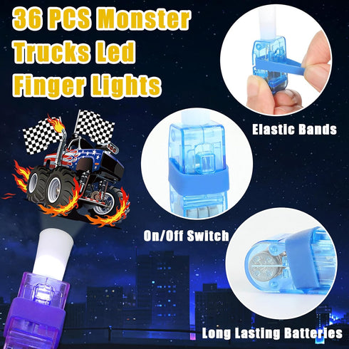 36 PCS Monster Truck Party Favors LED Light Up Finger Lights, Glow in the Dark Racing Cars Party Finger Flashlights