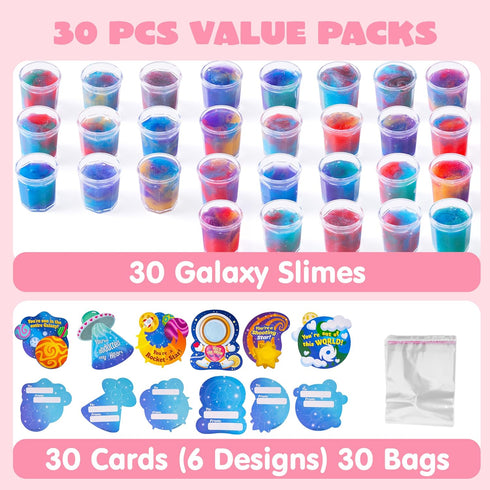 30 JOYIN PCS Valentine Day Gift Cards with Galaxy Slime Stress Relief Fidget Toy for Kids Party Favor, Classroom