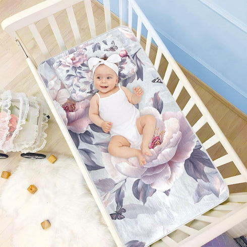 SyXIOP 28" 52" Art Peonies Silver Cooling Baby Mattress Protector pad x Breathable Crib Mattress pad for Baby&Toddler