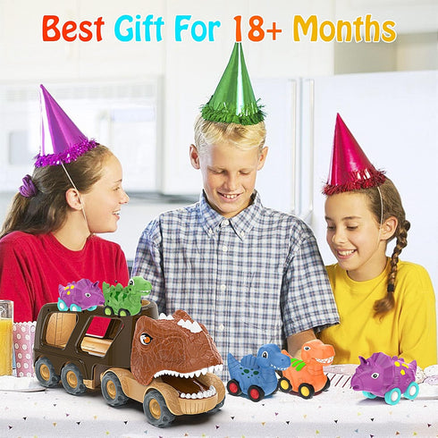 2 3 4 5 4 Pack 18+ Veslier Dinosaur Car Toy for Years Old Boys, Friction Power Carrier Truck with Small Pull Back Dino
