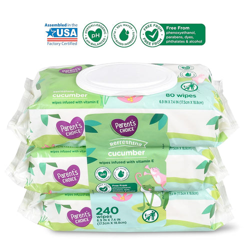 Parent's Choice 240 Count Pack 3 80-Count Packages) 1 Pack Refreshing Cucumber Scent Baby Wet Wipes Infused
