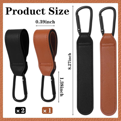 Colingmill 3 Pieces Stroller Hooks, Black and Brown Hanging Multi Functional Strap with Clip for Diaper Bag Stroller