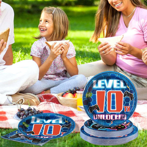 96 Pcs 10th Birthday Video Game Party Supplies - 350 GSM Disposable Paper Plates and Napkins Tableware Set for Kids Boys