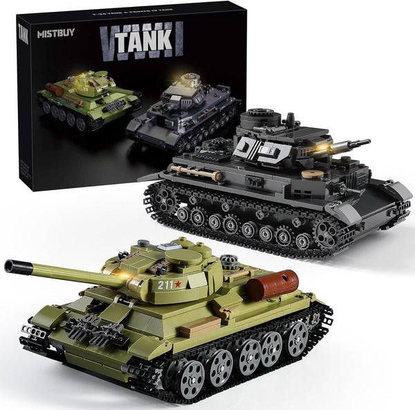 MISTBUY WW2 Army Tank Building Sets with Lights, Panzer IV & T-34 Military