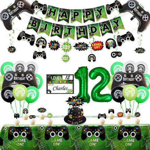 Video Game Party Decorations for Boys, 12th Birthday Banner, Tablecloth, Gaming Pattern Balloons & Sign