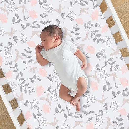 100% Lambs & Ivy Petals White/Pink/Gray Floral Cotton Fitted Crib/Toddler Sheet