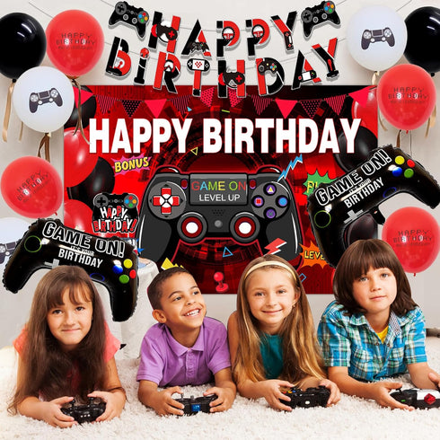 Video Game Birthday Party Decorations, Red and Black Gamer Supplies, Happy Birthday Backdrop, Cake Topper