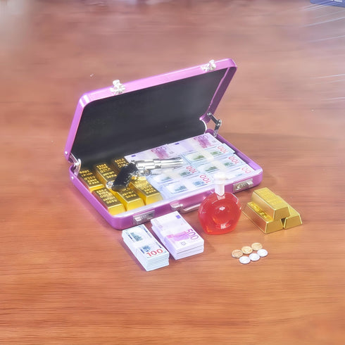 EKKZ 1:6 Set $100 Scale Miniature Briefcase - Includes Fake Gold Bars, Bundles of Mini Dollar Bills, Vintage Coins