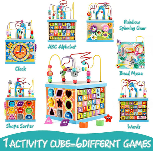 Qilay Wooden Activity Cube for Toddlers 1-3, 5 in 1 Multipurpose ABC-123 Abacus Montessori Learning Toys for 1-3 Year