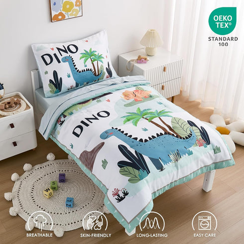 4-Piece Set Set Dinosaur Toddler Bedding for Boys - Soft & Skin Friendly Toddler Bed Includes Toddler Comforter, Flat