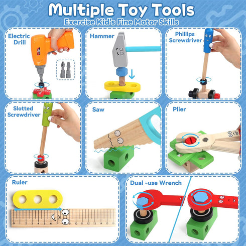 Set 3 44 Set 3 4 5 Kids Tool with Drill, Educational Montessori Toys for Year Old Boys Pcs STEM Kids Toys Wooden