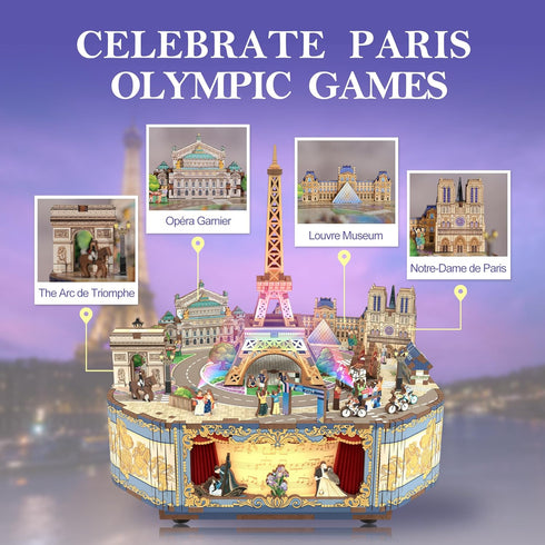 Tonecheer Wooden Music Box Puzzle for Adults, DIY Rotating Music Box Kit, Romantic Paris