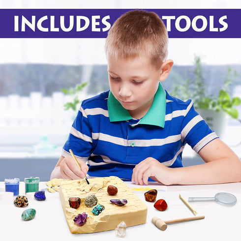 DANCING BEAR Gem Dig Kit - Excavate 16 Gems & Crystals, STEM Education Gift Set for Kids