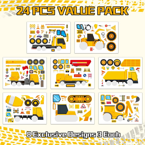Ozepao 24 Sheets Construction Truck Stickers for Kids, Make Your Own Construction Vehicles, Car Party Favors,DIY Crafts