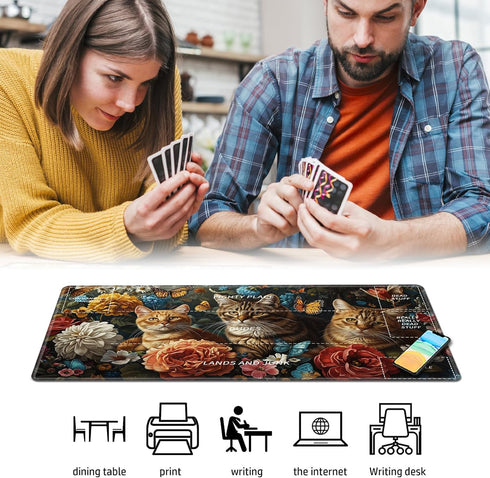 Playmat for MTG - Stitched Card Game Mat with Magic Zones, 24 x 14 inches - Cat Hydrangea Flower