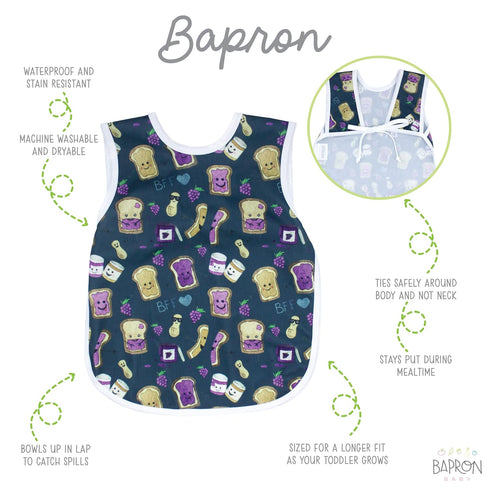 BapronBaby PBJ Pals Bapron - No Neck Tie Safer Bib for Baby & Toddler, Soft Waterproof, Machine Washable, Sz 6m-3T