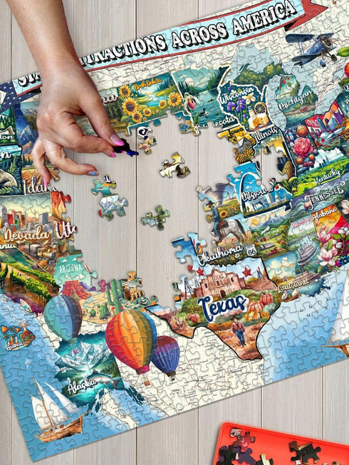 1000 Springbok All American Attractions Piece Jigsaw Puzzle for Adults - Map of USA - Unique Cut Pieces - Made in USA