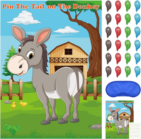 FEPITO Pin The Tail on The Donkey Party Game with 24 Pcs Tails | Kids Birthday Party Decorations | Carnival Circus