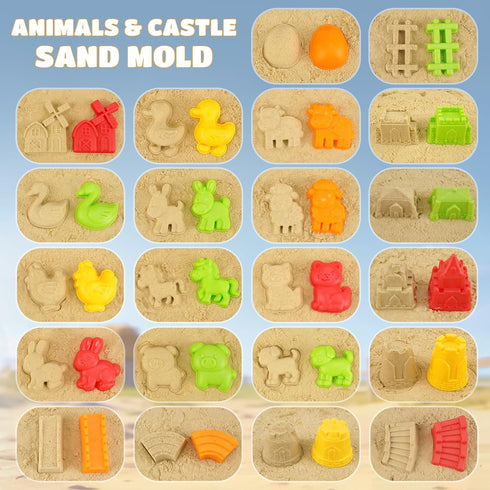 29PCS 2 Set, 4-8 Dreamon Beach Toys for Kids Farm Sand Toys with Collapsible Buckets, Rake & Shovel Sand Molds and Mesh