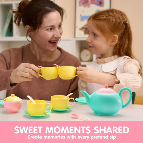 JOYIN 18PCS Pretend Role Play Tea Party Set, BPA Free Plastic Tea Set, Mini Kitchen for Kids, Gifts