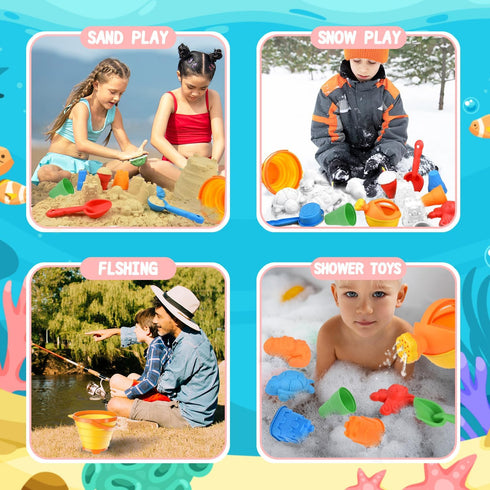 Beach Toys Set for Kids, Collapsible Sand Bucket and Shovels with Watering Can, Mesh Bag, Ice Cream & Animal Sand