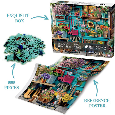 Flower Plant Gardening Puzzle, 1000 Piece for Adults, Spring Nature Garden Jigsaw Puzzle with Colorful Cabin