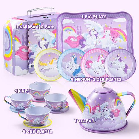 JOYIN Unicorn Tea Party Set, Pretend Purple Tin Teapot Set for Little Girls, Birthday Gift for Ages 3-6
