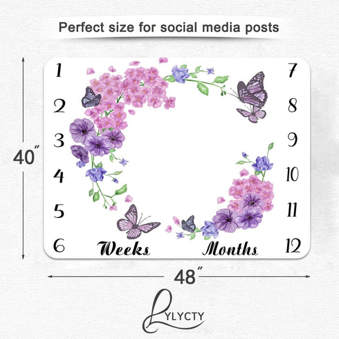 Baby Age Blanket, Purple Floral Butterfly Monthly Milestone Blanket, 48x40 Inch Baby Memory Blanket for Girls BTLSLY635