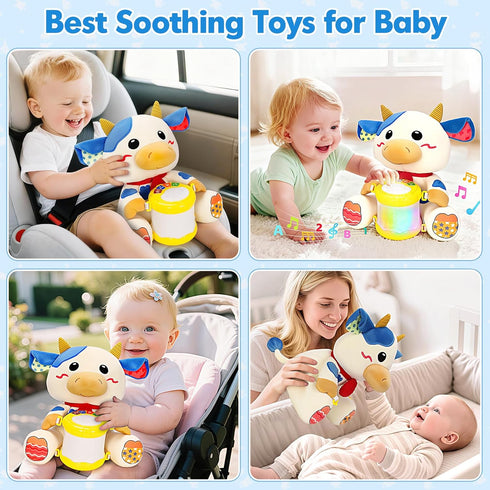 6-12 1, 2 V-Opitos Stuffed Cow Musical Toys for Baby Months+, Early Learning Light up Music Drum, Perfect Christmas