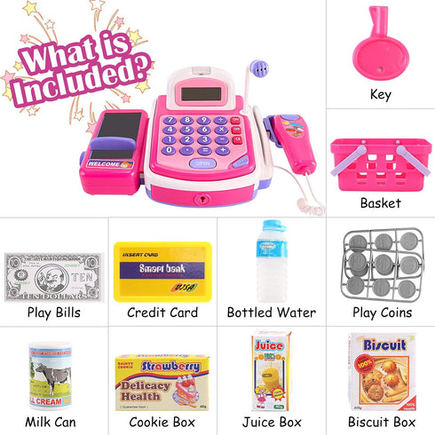 Pretend Play Pink Cash Register Toy - Learn & Play Shopping Kids Toys with Electronic Mic, Scanner, Calculator, Play