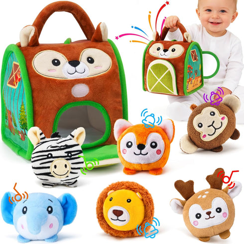 Soft Baby Sensory Toys - Squirrel Barn with 6 Stuffed Zoo Animals